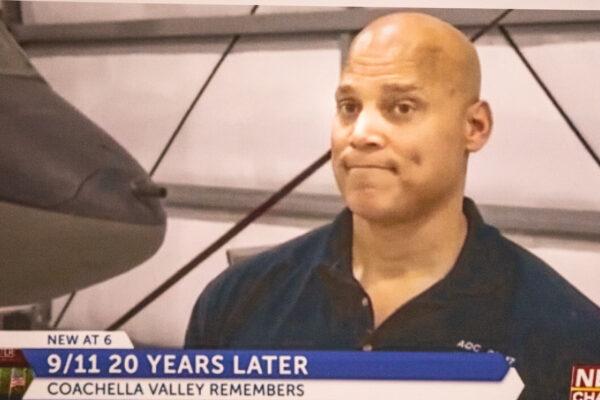 A screenshot of alleged rapist Robert Daniel Yucas seen newscasted for a 9/11 memorial event in Santa Ana, Calif., on Sept. 20, 2021. (John Fredricks/The Epoch Times)