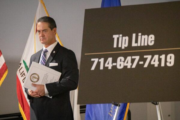 Orange County District Attorney Todd Spitzer and Orange County Sheriff Don Barnes announce the apprehension of alleged rapist Robert Daniel Yucas in Santa Ana, Calif., on Sept. 20, 2021. (John Fredricks/The Epoch Times)