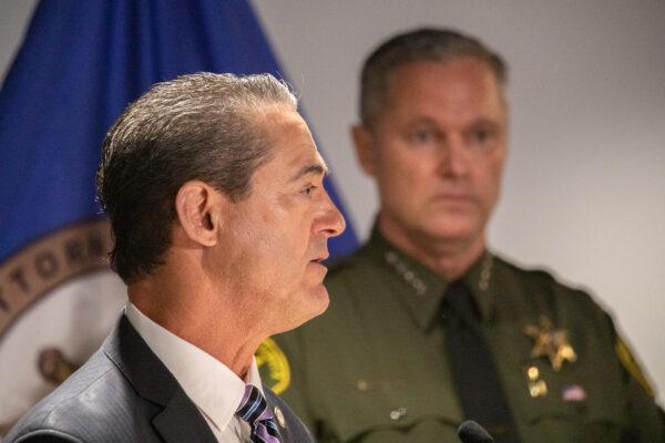 Orange County District Attorney Todd Spitzer and Orange County Sheriff Don Barnes announce the apprehension of alleged rapist Robert Daniel Yucas in Santa Ana, Calif., on Sept. 20, 2021. (John Fredricks/The Epoch Times)