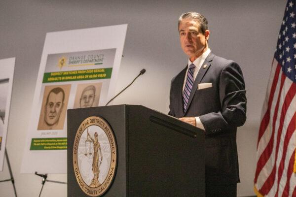 Orange County District Attorney Todd Spitzer and Orange County Sheriff Don Barnes announce the apprehension of alleged rapist Robert Daniel Yucas in Santa Ana, Calif., on Sept. 20, 2021. (John Fredricks/The Epoch Times)