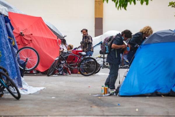 A homeless encampment off Ross Street in Santa Ana, Calif., on May 10, 2021. (John Fredricks/The Epoch Times)