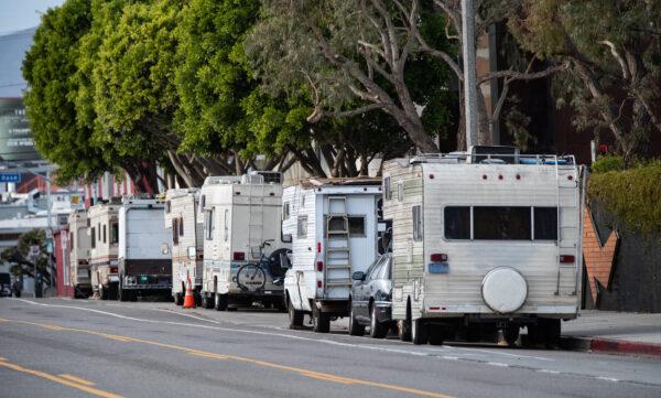RVs park along the street in Venice, Calif., on Jan. 27, 2021. (John Fredricks/The Epoch Times)