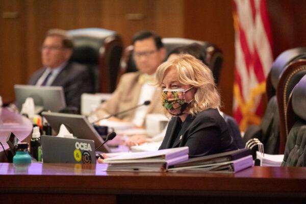 Orange County Board of Supervisor Katrina Foley speaks at a Board of Supervisors meeting in Santa Ana, Calif., on Aug. 10, 2021. (John Fredricks/The Epoch Times)