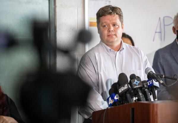 Amplify CEO Martyn Willsher speaks to media in Huntington Beach, Calif., on Oct. 6, 2021. (John Fredricks/The Epoch Times)
