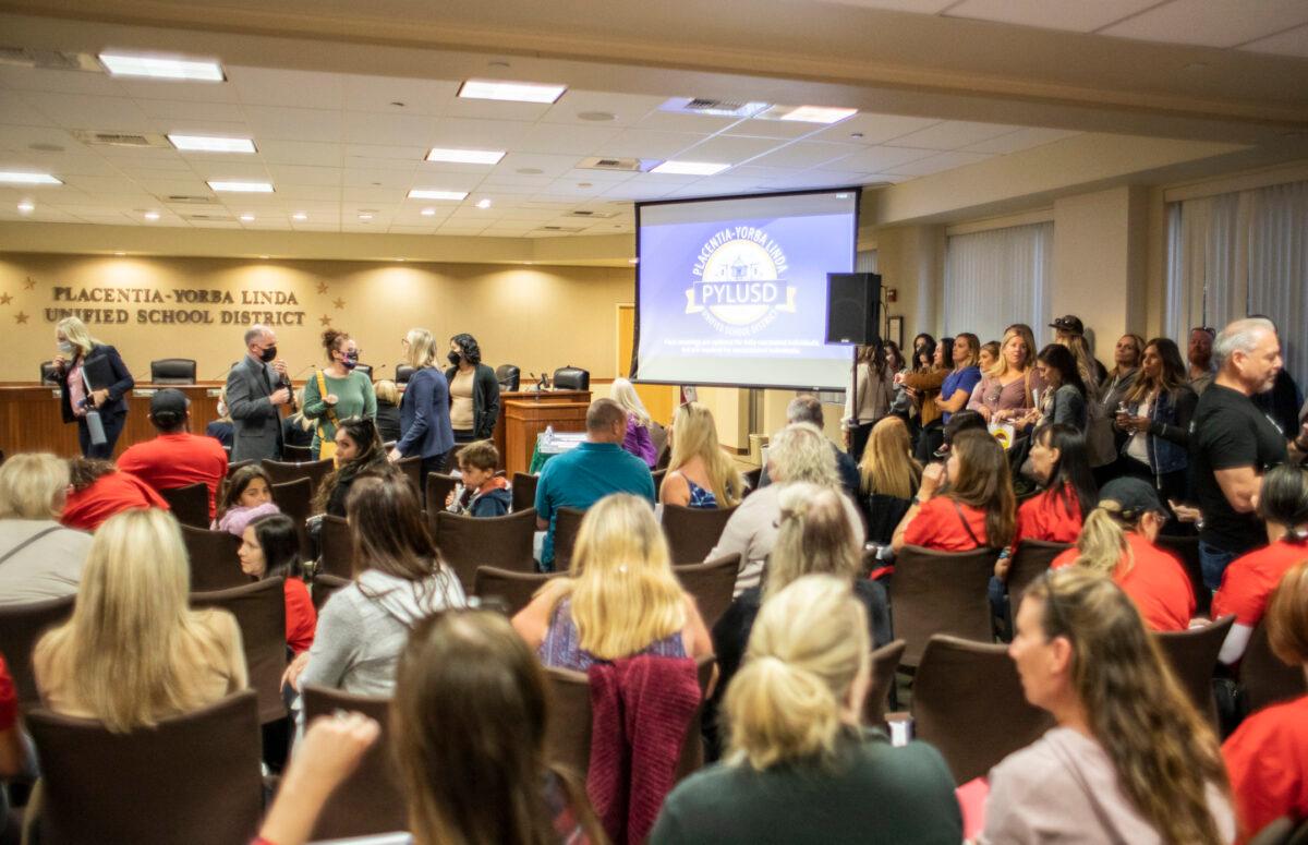 Parents gather to express their concerns over vaccine mandates for students at the Placentia Yorba Linda Unified School District building in Placentia, Calif., on Oct. 12, 2021. (John Fredricks/The Epoch Times)