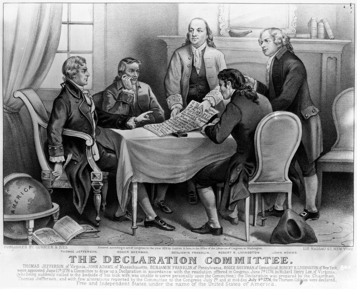 The committee that drafted the Declaration of Independence. (L–R) Thomas Jefferson, Roger Sherman, Benjamin Franklin, Robert R. Livingston, and John Adams. (MPI/Getty Images)