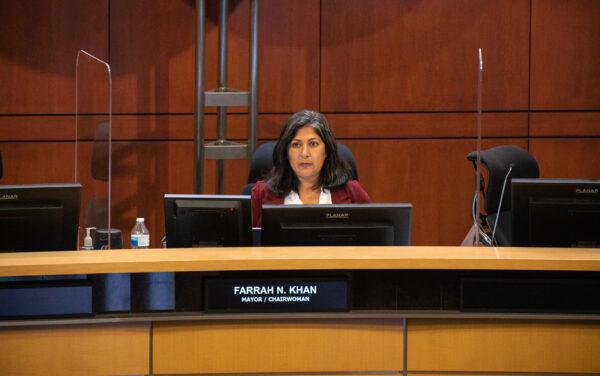 Mayor of Irvine Farrah Khan leads an Irvine City Council meeting at Irvine City Hall on Oct. 26, 2021. (John Fredricks/The Epoch Times)
