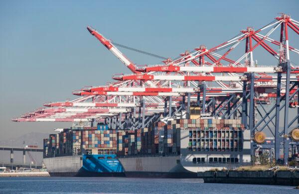 Cargo awaits unloading from ships off the Port of Long Beach, Calif., on Oct. 27, 2021. (John Fredricks/The Epoch Times)
