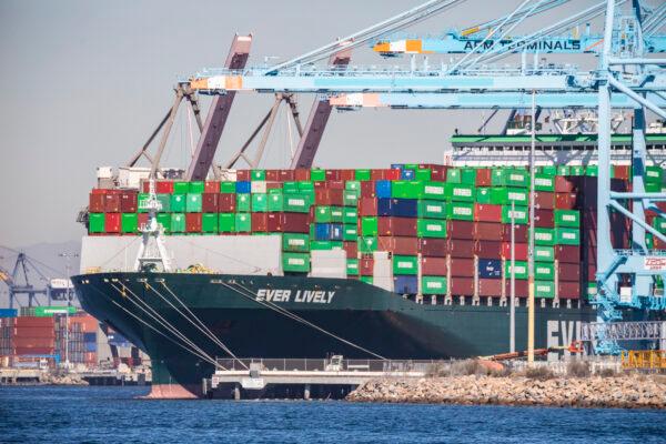 Cargo containers are stacked on a ship at the Port of Long Beach, Calif., on Oct. 27, 2021. (John Fredricks/The Epoch Times)