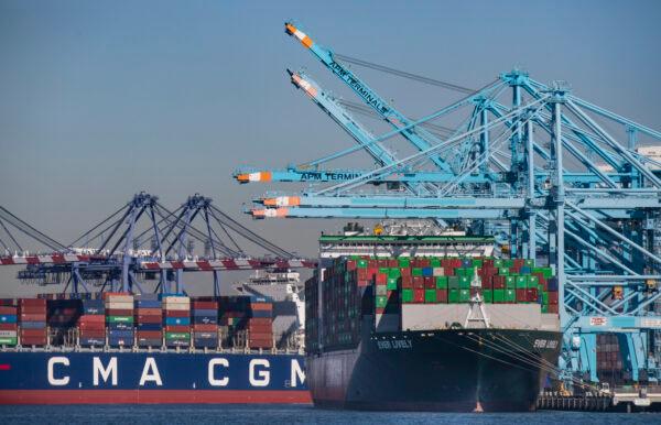 Cargo containers are stacked on a ship at the Port of Long Beach, Calif., on Oct. 27, 2021. (John Fredricks/The Epoch Times)