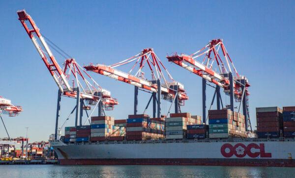 Cargo containers are stacked at the Port of Long Beach, Calif., on Oct. 27, 2021. (John Fredricks/The Epoch Times)