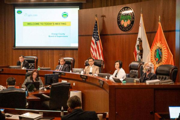 The Orange County Board of Supervisors listen to local residents at a board meeting in Santa Ana, Calif., on Aug. 10, 2021. (John Fredricks/The Epoch Times)