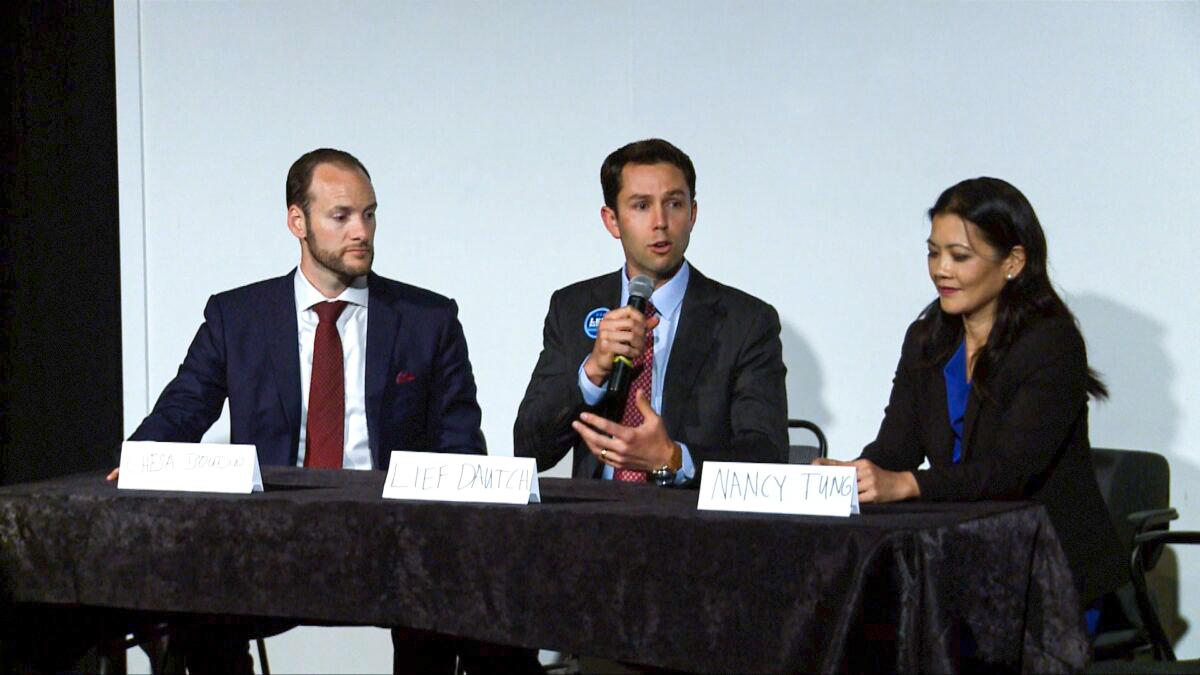 Chesa Boudin (L), Leif Dautch (center), and Nancy Tung deliver their platforms for the office of San Francisco district attorney on Sept. 4, 2019. (Nancy Han/NTD)