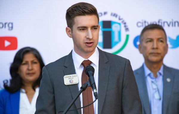 Mayor of Buena Park Conner Traut speaks at Irvine City Hall on Nov. 15, 2021. (John Fredricks/The Epoch Times)