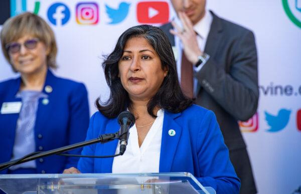 Mayor of Irvine Farrah Khan speaks at Irvine City Hall on Nov. 15, 2021. (John Fredricks/The Epoch Times)