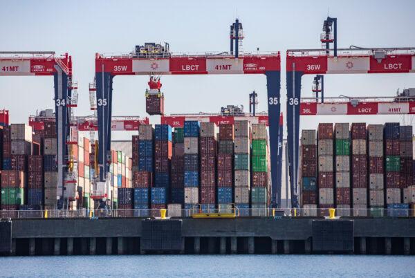 Cargo awaits unloading from ships off the Port of Long Beach, Calif., on Oct. 27, 2021. (John Fredricks/The Epoch Times)