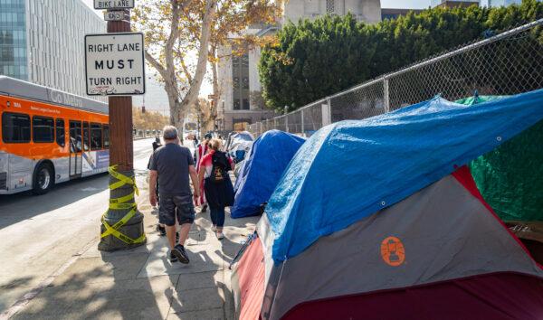 A homeless encampment in downtown Los Angeles on Nov. 8, 2021. (John Fredricks/The Epoch Times)