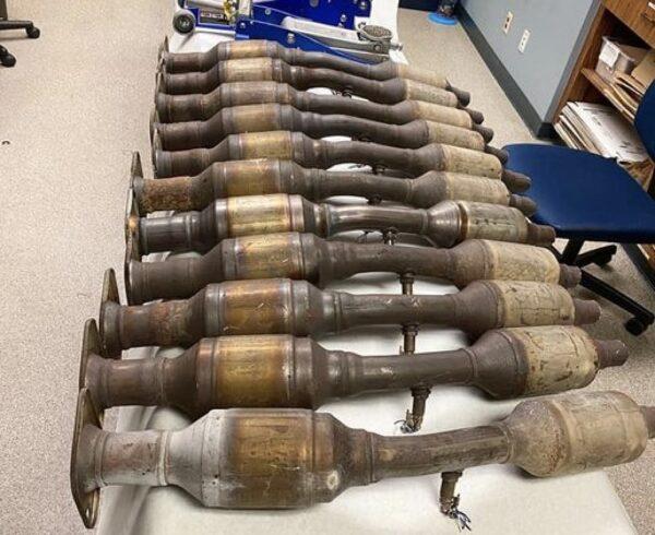 Three juveniles are in custody and nearly a dozen catalytic converters have been recovered following a short pursuit that ended in a crash in Ventura County, Calif., on Nov. 23, 2021. (Courtesy of the Ventura County Police)
