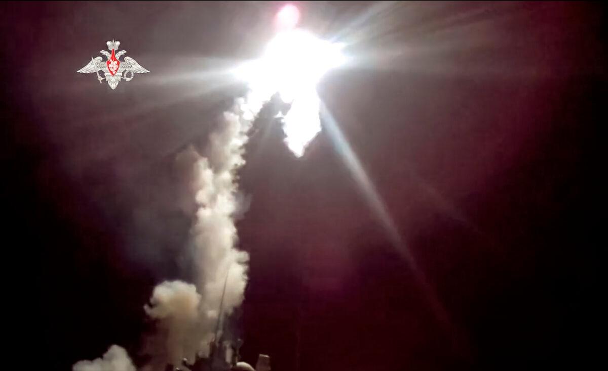 The Admiral Gorshkov frigate of the Russian navy launches a Zircon hypersonic cruise missile in the White Sea, on Nov. 29, 2021, in a still image from real-time camera footage released by AP. (Russian Defense Ministry Press Service via AP)