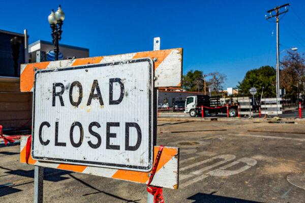 Preparations are made for a street car line along Santa Ana BLVD., in Santa Ana, Calif., on Jan. 11, 2021. (John Fredricks/The Epoch Times)