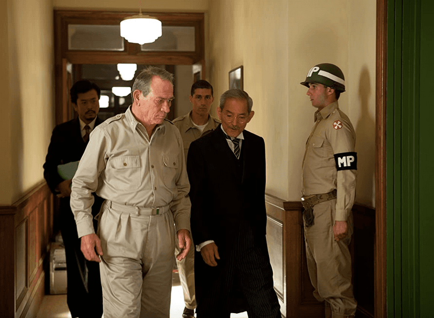 (Center three, L–R) Tommy Lee Jones, Matthew Fox, and Isao Natsuyagi in Peter Webber's "Emperor." (Kirsty Griffin/Lionsgate/Roadside Attractions)