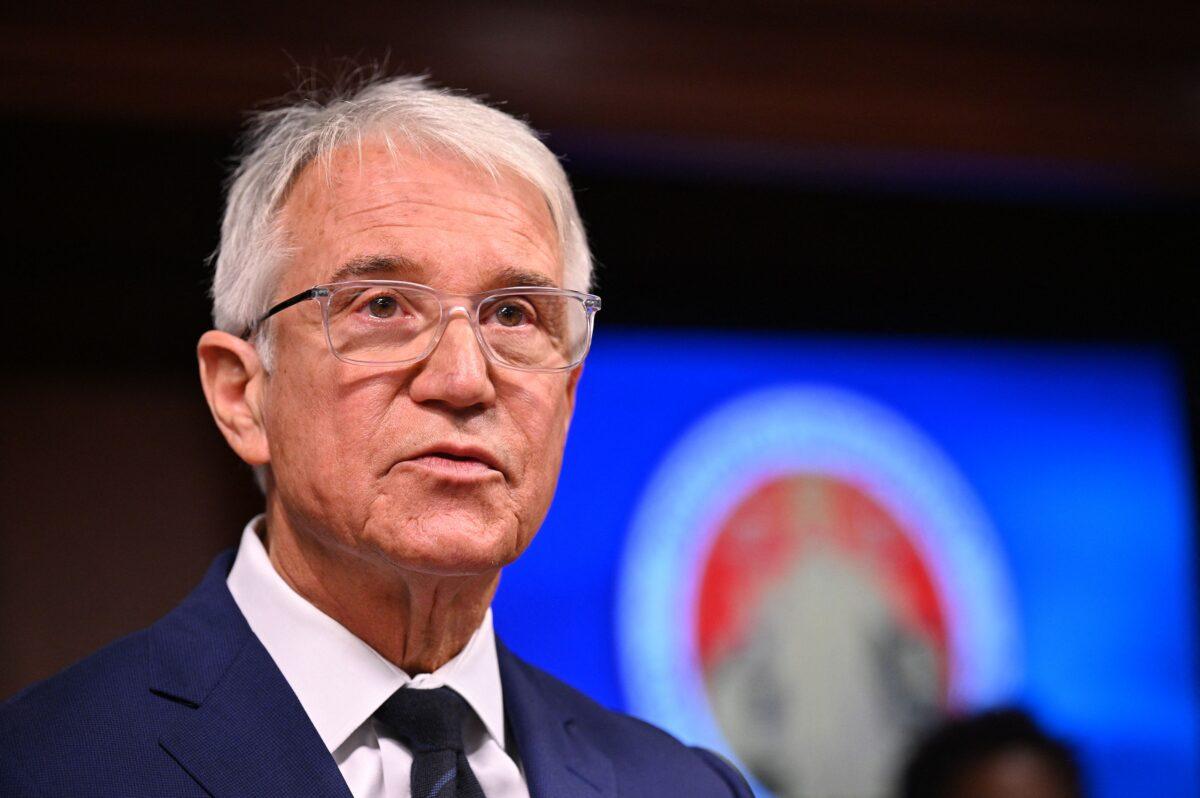 Los Angeles County District Attorney George Gascón speaks at a press conference in Los Angeles on Dec. 8, 2021. (Robyn Beck/AFP via Getty Images)