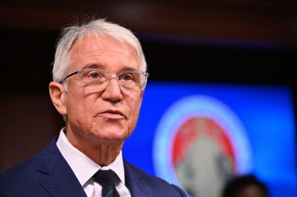 Los Angeles County District Attorney George Gascon speaks at a press conference in Los Angeles, on Dec. 8, 2021. (Robyn Beck/AFP via Getty Images)