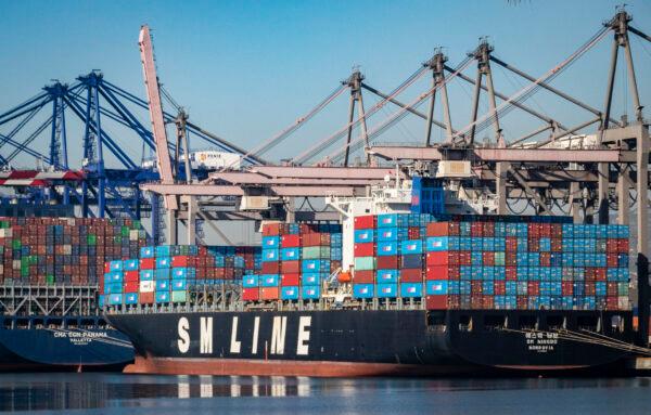 Cargo awaits to be transferred from the Ports of Los Angeles and Long Beach on Oct. 14, 2021. (John Fredricks/The Epoch Times)