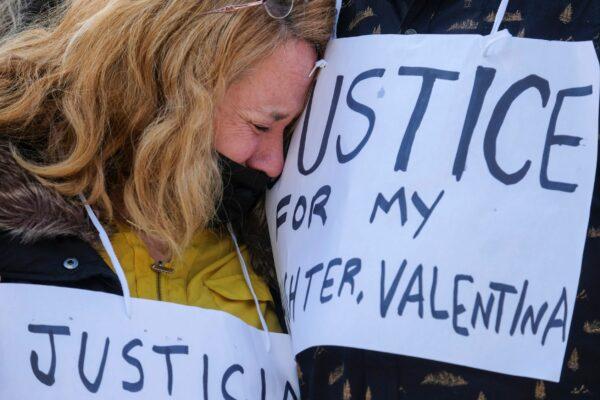 Soledad Peralta, the mother of Valentina Orellana-Peralta, cries at a news conference outside Los Angeles Police Department Headquarters in Los Angeles, on Dec. 28, 2021. (Ringo H.W. Chiu/AP Photo)
