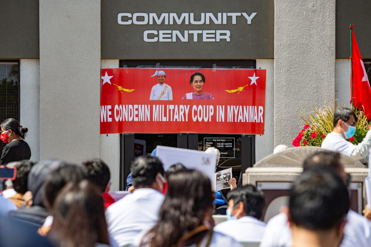 Stanton City Hall hosted a rally protesting Myanmar's Feb. 1 military coup in Stanton, Calif., on March 20, 2021. (John Fredricks/The Epoch Times)
