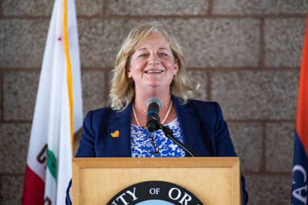 Orange County Supervisor Katrina Foley speaks on the opening day of a coronavirus vaccination site at the Orange County Fairgrounds in Costa Mesa, Calif., on March 31, 2021. (John Fredricks/The Epoch Times)