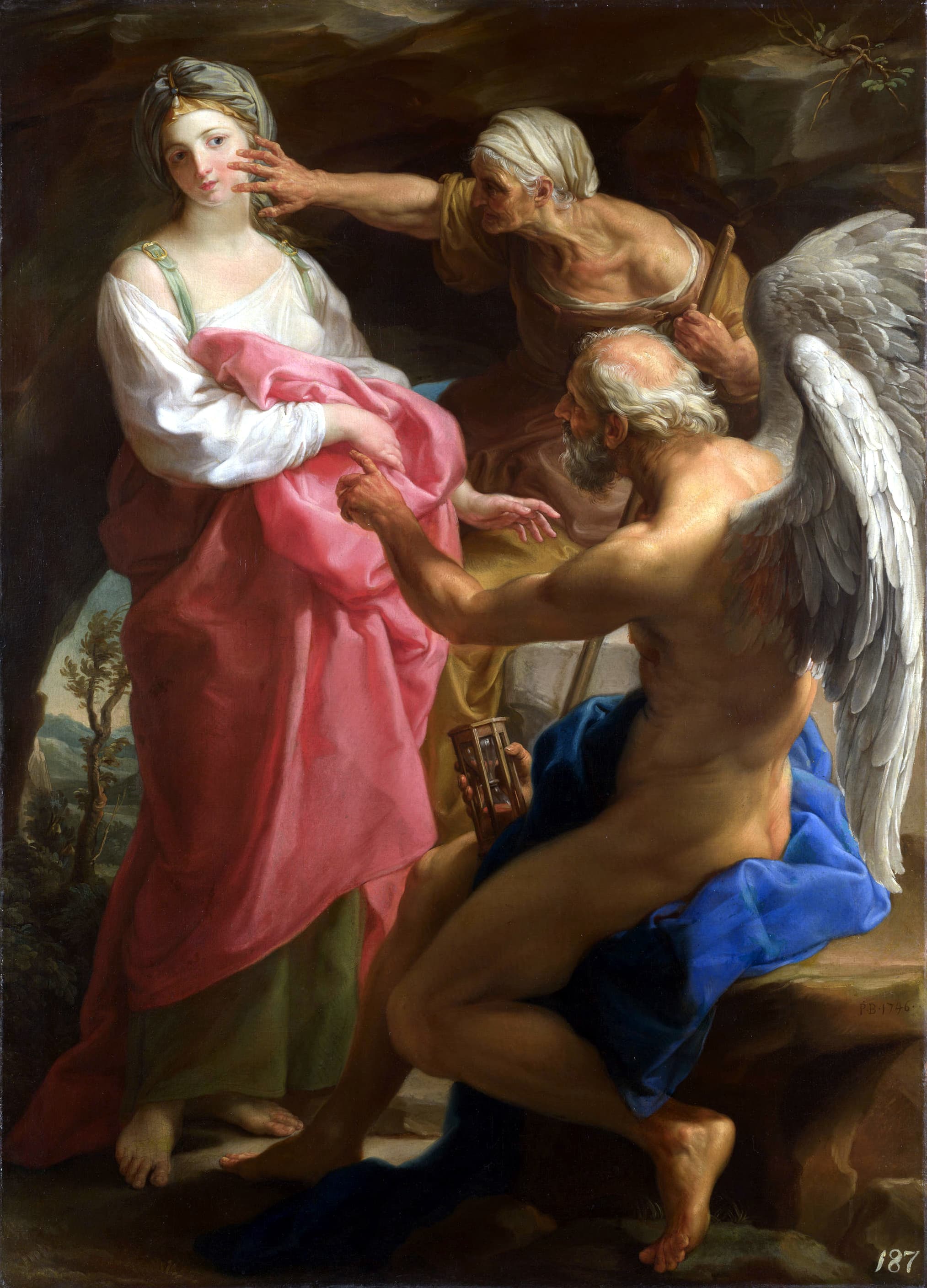 “Time Orders Old Age to Destroy Beauty,” circa 1746 by Pompeo Batoni. Oil on Canvas, 52.3 inches by 37.9 inches. The National Gallery, London. (Public Domain)
