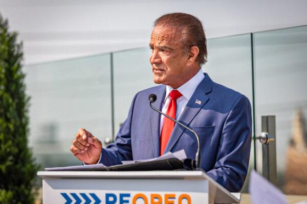 Mayor of Anaheim Harry Sidhu speaks at a broadcasted event in Anaheim, Calif., on Sept. 16, 2020. (John Fredricks/The Epoch Times)