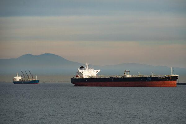 Oil tankers wait to come ashore to the Port of Los Angeles, on Jan. 12, 2021. (John Fredricks/The Epoch Times)