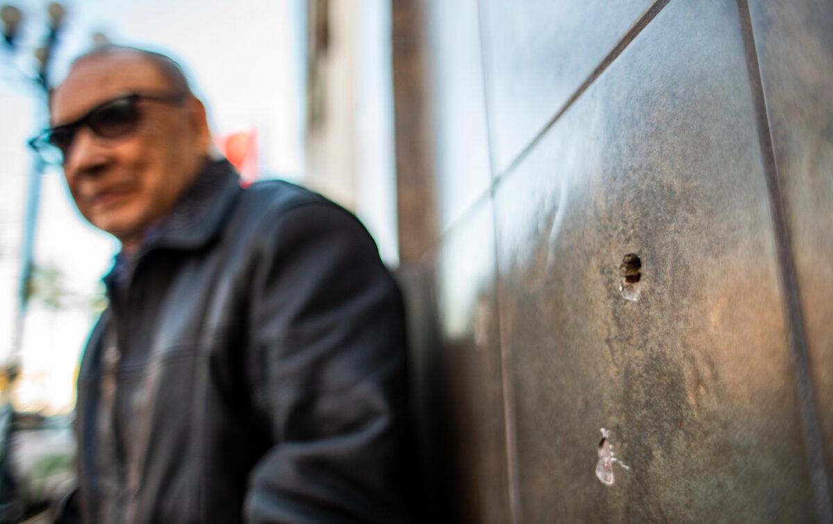 Bullet holes mark the outside walls of Iglesia Cristiana Bethel in Tijuana, Mexico, on Feb. 5, 2022. (John Fredricks/The Epoch Times)