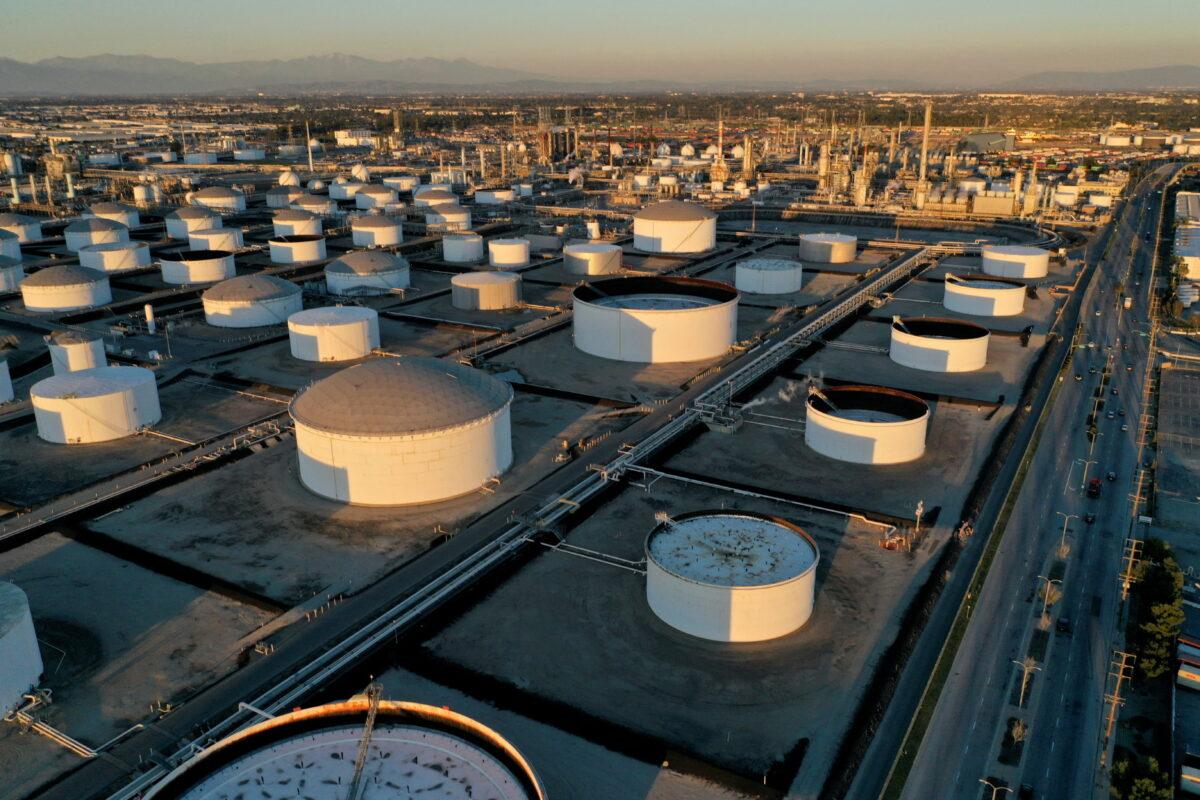 Storage tanks at Marathon Petroleum's Los Angeles Refinery in Carson, Calif., on March 11, 2022. (Bing Guan/Reuters)