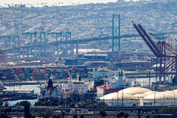 Crude tankers are shown at the port of Long Beach, Calif., on March 8, 2022. (Mike Blake/Reuters)