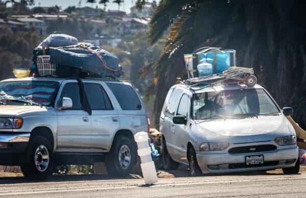 A homeless encampment of vehicles lines Jefferson along Ballona Creek in Playa Del Rey, Calif., on Feb. 18, 2022. (John Fredricks/The Epoch Times)