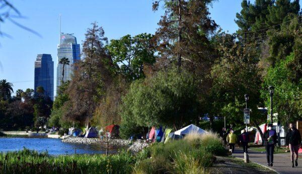 A homeless encampment surrounds Echo Lake Park in Los Angeles on March 25, 2021. (Frederic J. Brown/AFP via Getty Images)