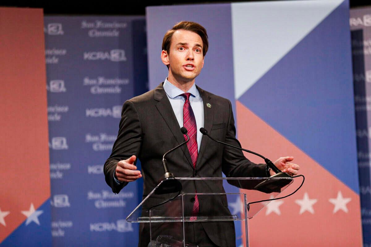 Republican Kevin Kiley speaks at a debate of California gubernatorial recall election candidates in San Francisco, Calif., on Aug. 25, 2021. (Scott Strazzante-Pool/Getty Images)