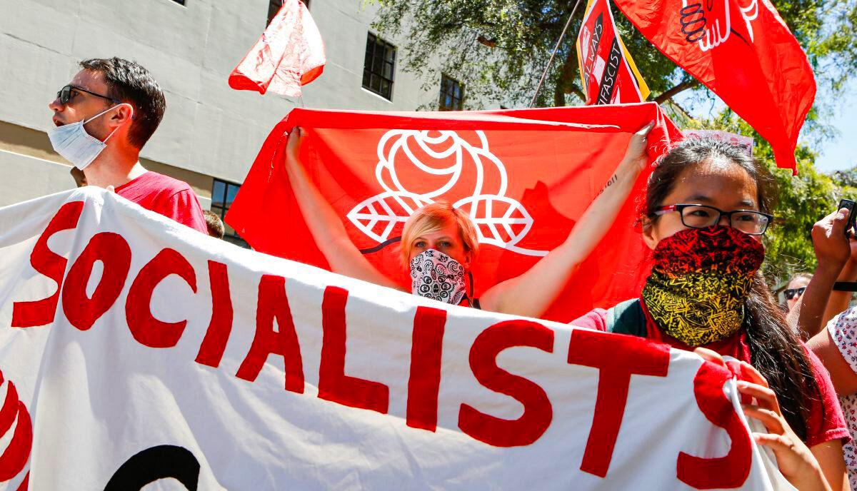 Democratic Socialists of America march in downtown Berkeley, Calif., on Aug. 5, 2018. (Amy Osborne/AFP/Getty Images)