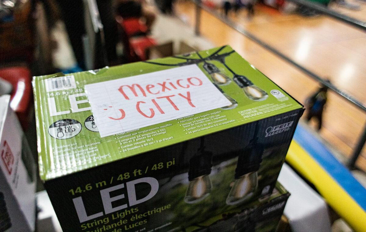 Equipment labeled for transfer to Mexico City sits in the Benito Juarez Sports Complex of Tijuana, Mexico, on April 27, 2022. (John Fredricks/The Epoch Times)