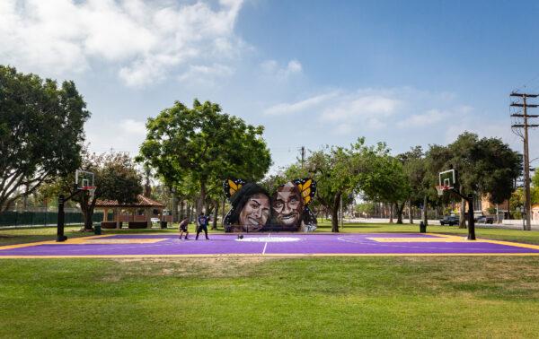A basketball court inspired by basketball great Kobe Bryant and daughter his Gianna “Gigi” Bryant at Pearson Park in Anaheim, Calif., on May 5, 2022. (John Fredricks/The Epoch Times)