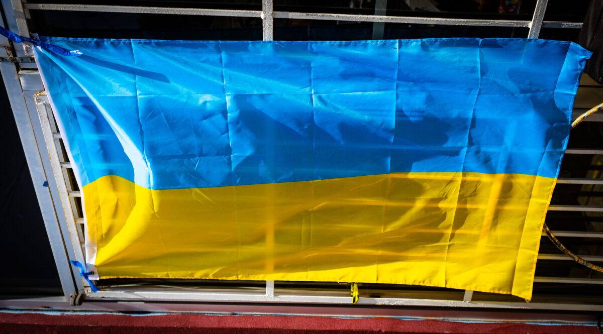 A Ukrainian flag hangs in Tijuana, Mexico, on April 27, 2022. (John Fredricks/The Epoch Times)