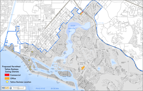 The Newport Beach City Council on May 10, 2022, unanimously passed a new ordinance to regulate tattoo shops. This map shows the five currently operating tattoo shops and the three areas permitted for new tattoo businesses in the city. (Courtesy of the City of Newport Beach)