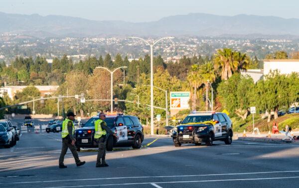 Law enforcement officials respond to a shooting at Geneva Presbyterian Church in Laguna Hills, Calif., on May 15, 2022. (John Fredricks/The Epoch Times)
