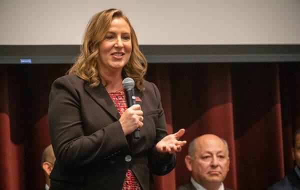 California gubernatorial candidate Jenny Rae Le Roux speaks in Yorba Linda, Calif., on March 27, 2022. (John Fredricks/The Epoch Times)