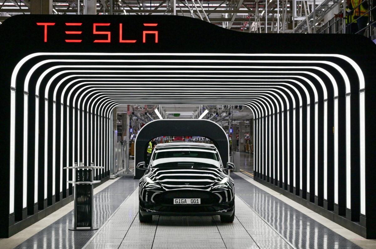 Model Y cars during the opening ceremony of the new Tesla Gigafactory for electric cars in Gruenheide, Germany, on March 22, 2022. (Patrick Pleul/Pool via Reuters)