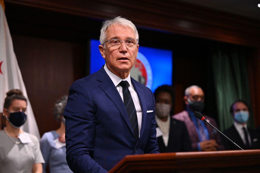 Los Angeles County District Attorney George Gascon speaks at a press conference in Los Angeles on Dec. 8, 2021. (Robyn Beck/Getty Images)