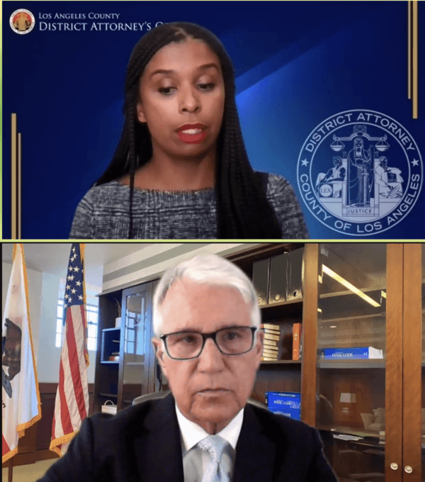 Los Angeles District Attorney George Gascón defends his progressive reform decisions in a webinar organized by the district attorney's office on June 22, 2022. (Screenshot via The Epoch Times)
